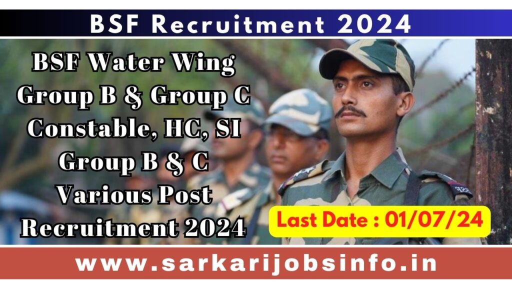 BSF Water Wing Group B & Group C Constable, HC, SI Group B & C Various Post Recruitment 2024